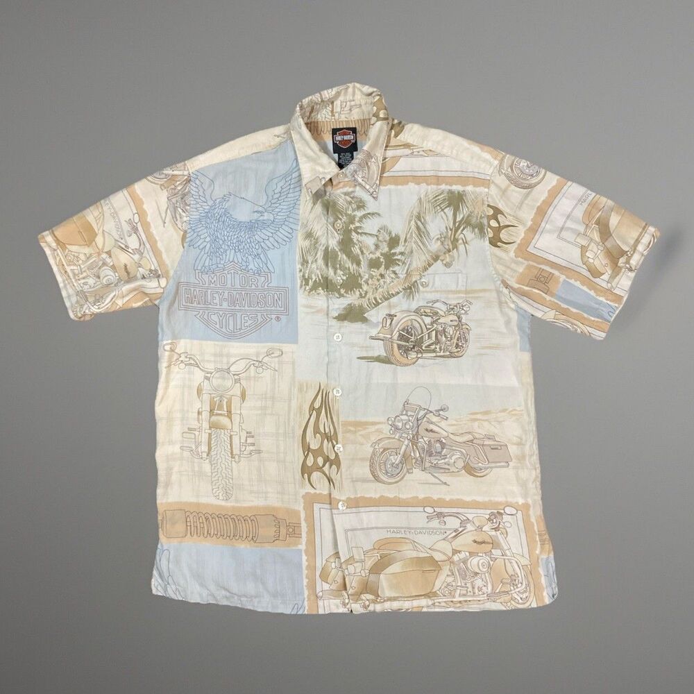Harley Davidson Hawaiian Shirt Blueprint Design By Tori Richard Men’s Size M